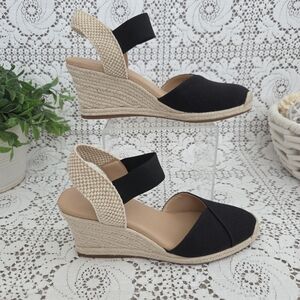Alex Marie Black and Beige Espadrille Wedges with Elastic Heel Size 10